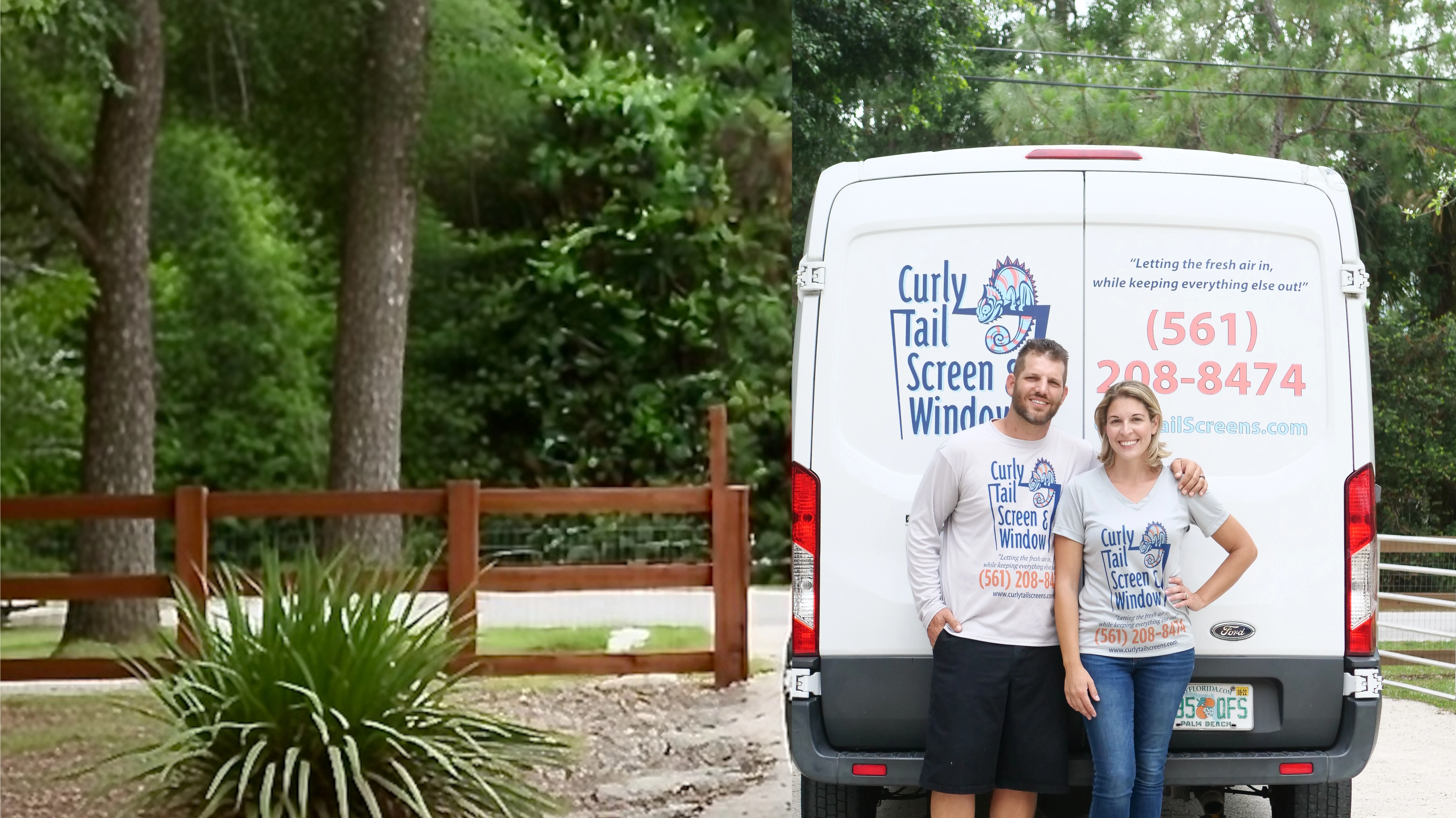 Sean and Kristen, owners of Curly Tail Screen & Window, standing in front of their company van