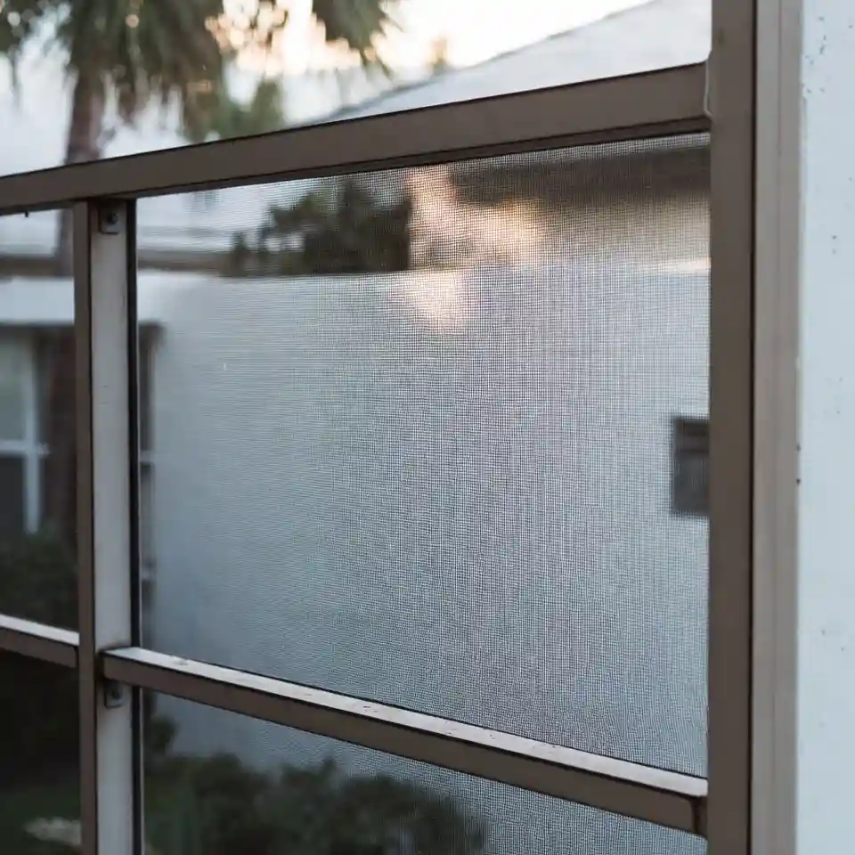 Close-up of screen mesh in aluminum frame